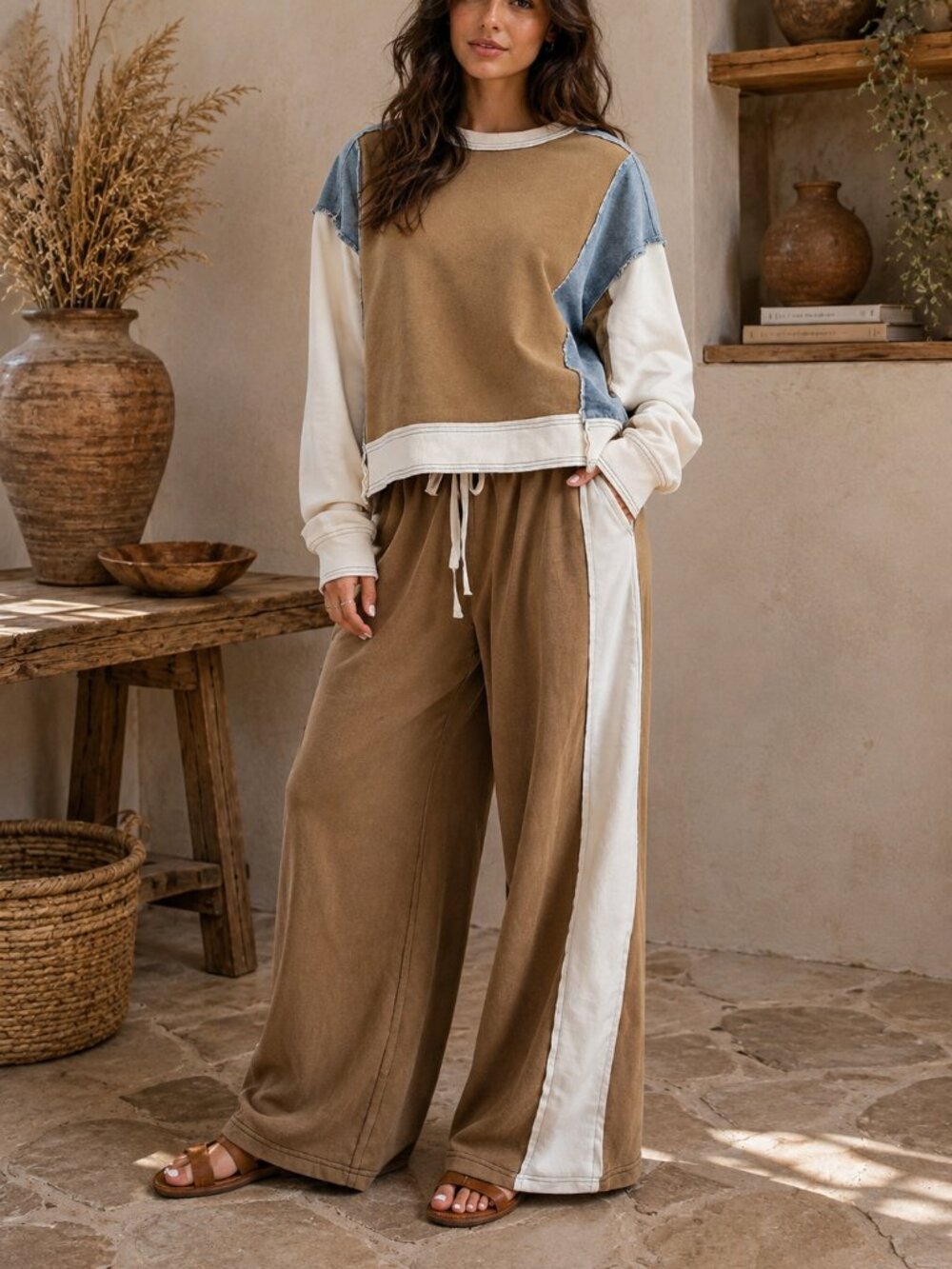 636. Women's Cozy Earthy Olive Colorblock Lounge Set
